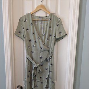 Light Green Floral Wrap Dress Midi